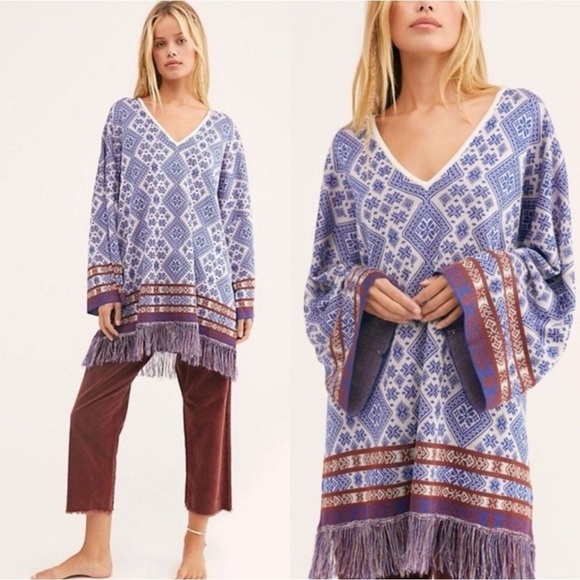 Free People Retro 70s Bohemian Poncho Sweater Tunic Top Fringe Small Oversized - Picture 16 of 16